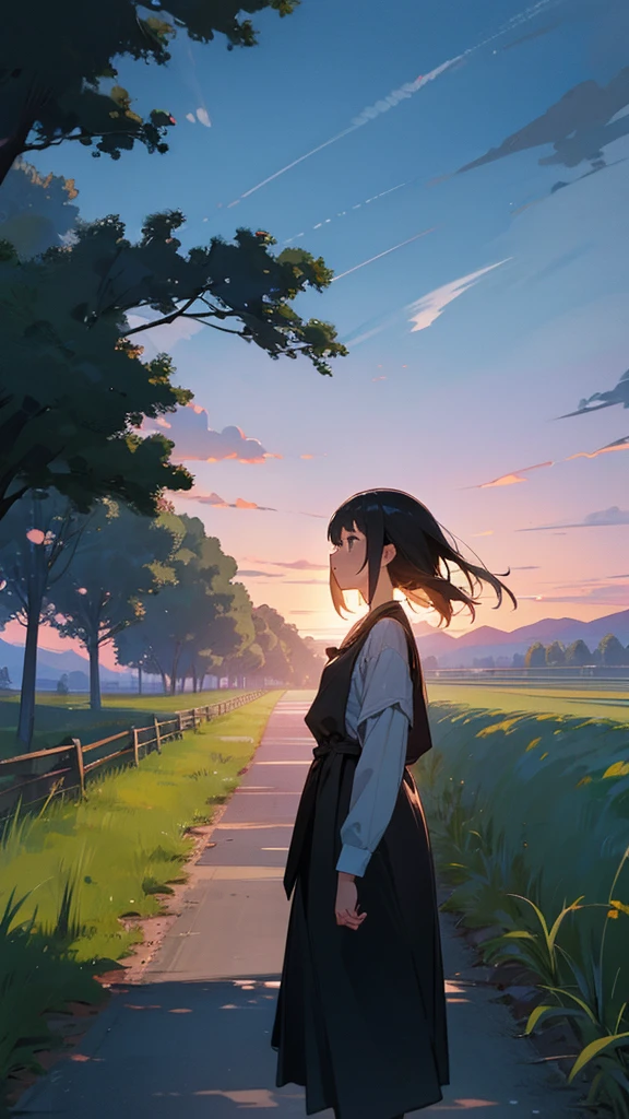 Country road in the evening、Girl's back view、End of Summer、A sense of grief、I'll see you tomorrow、Detailed hands、high resolution、Advanced Work、High resolution、high quality、Highly rated、8k、Professional Lighting、Perfect Anatomy、Down style hair、Long Bangs、Semi-shortcuts