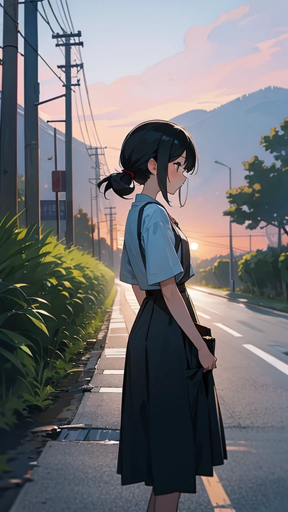 Country road in the evening、Girl&#39;s back view、End of Summer、A sense of grief、I&#39;ll see you tomorrow、Detailed hands、high resolution、Advanced Work、High resolution、high quality、Highly rated、８ｋ、Professional Lighting、Perfect Anatomy、Down style hair、Long Bangs、Semi-shortcuts