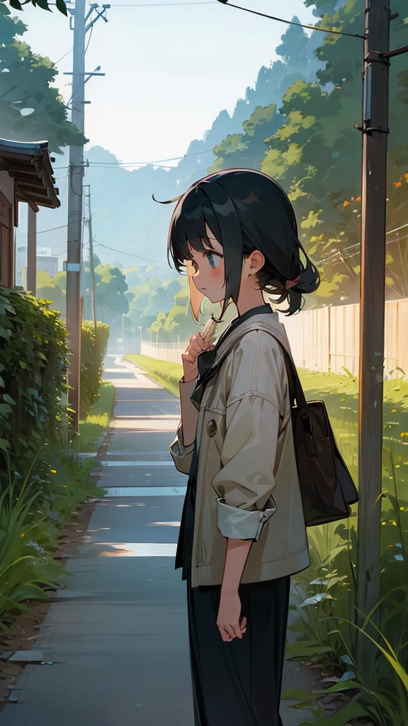 Country road in the evening、Girl&#39;s back view、End of Summer、A sense of grief、I&#39;ll see you tomorrow、Detailed hands、high resolution、Advanced Work、High resolution、high quality、Highly rated、８ｋ、Professional Lighting、Perfect Anatomy、Down style hair、Long Bangs、Semi-shortcuts