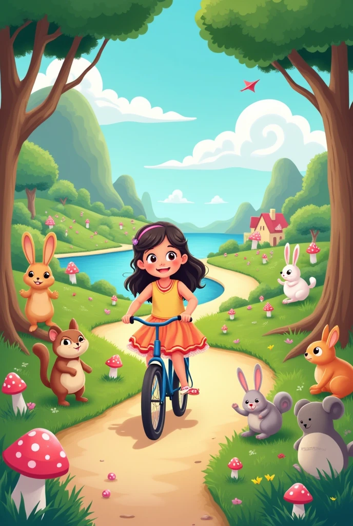 Girl riding a bicycle,Cartoon characters on forest island,cute