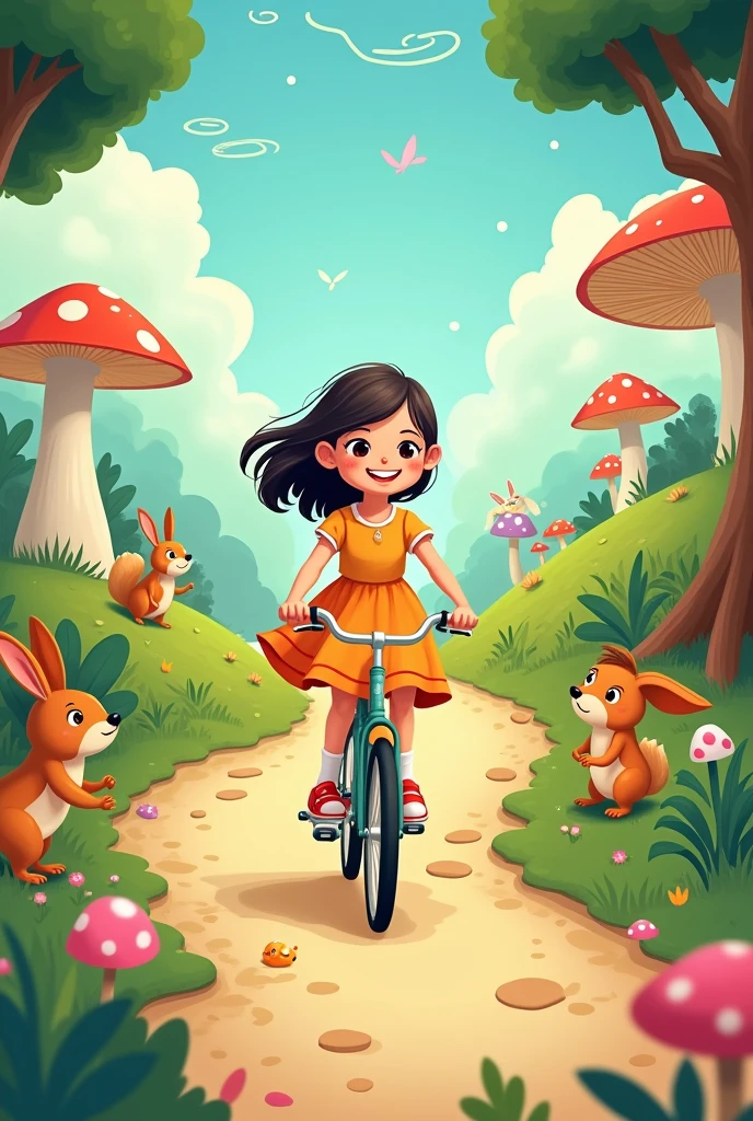 Girl riding a bicycle,Cartoon characters on forest island,cute