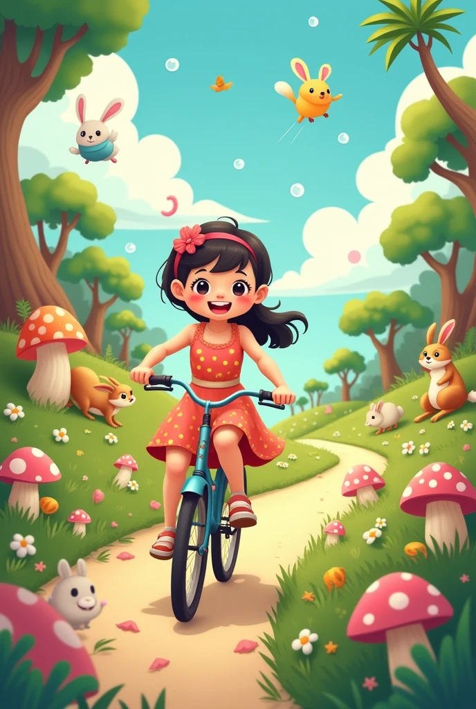 Girl riding a bicycle,Cartoon characters on forest island,cute
