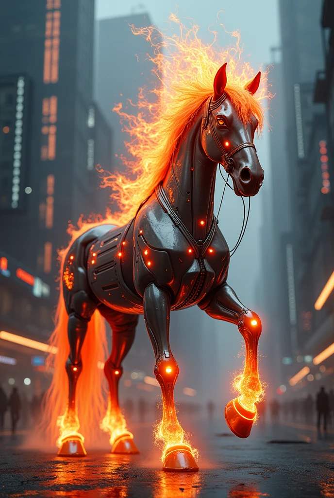 Horse With Fire in Place of Head, LEDs on the body, and a cyberpunk look