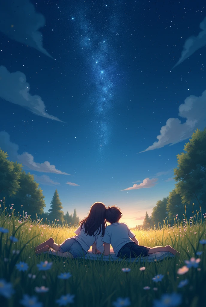 Make me a book poster of two anime couple lying in a grass watching the stars and constellation in a sweet romantic place at night