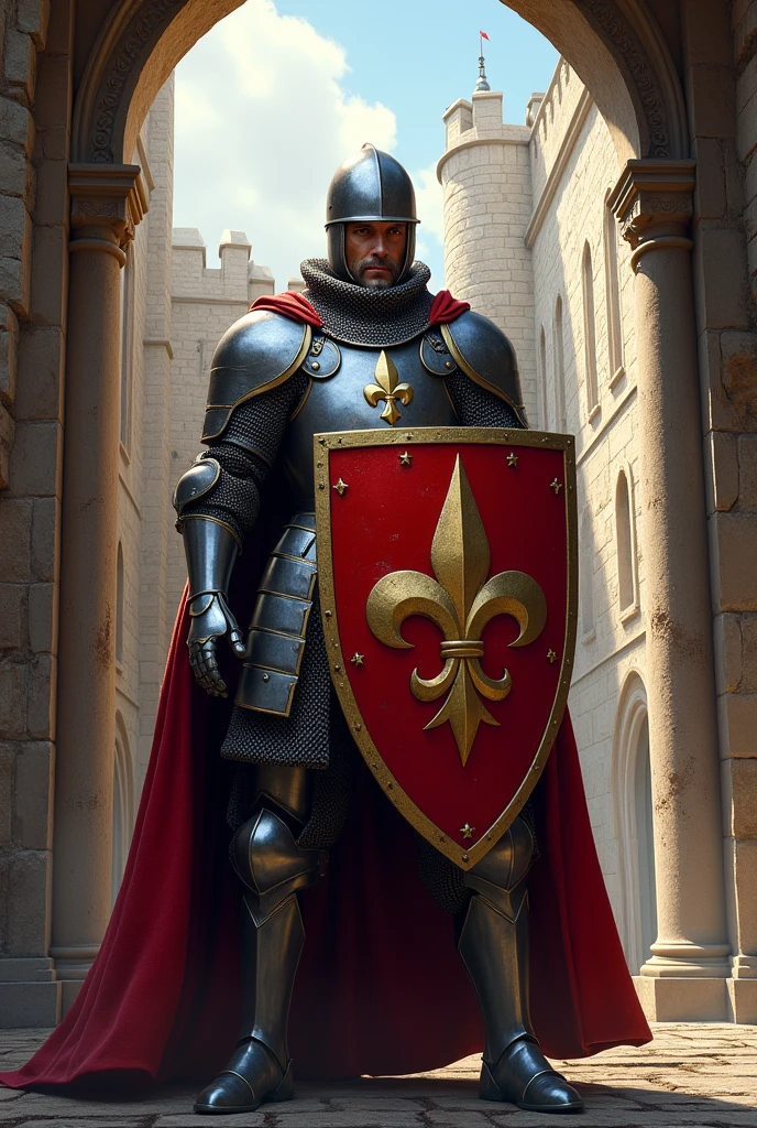 A French knight in full armor, holding a shield with the symbol of France, in a medieval castle