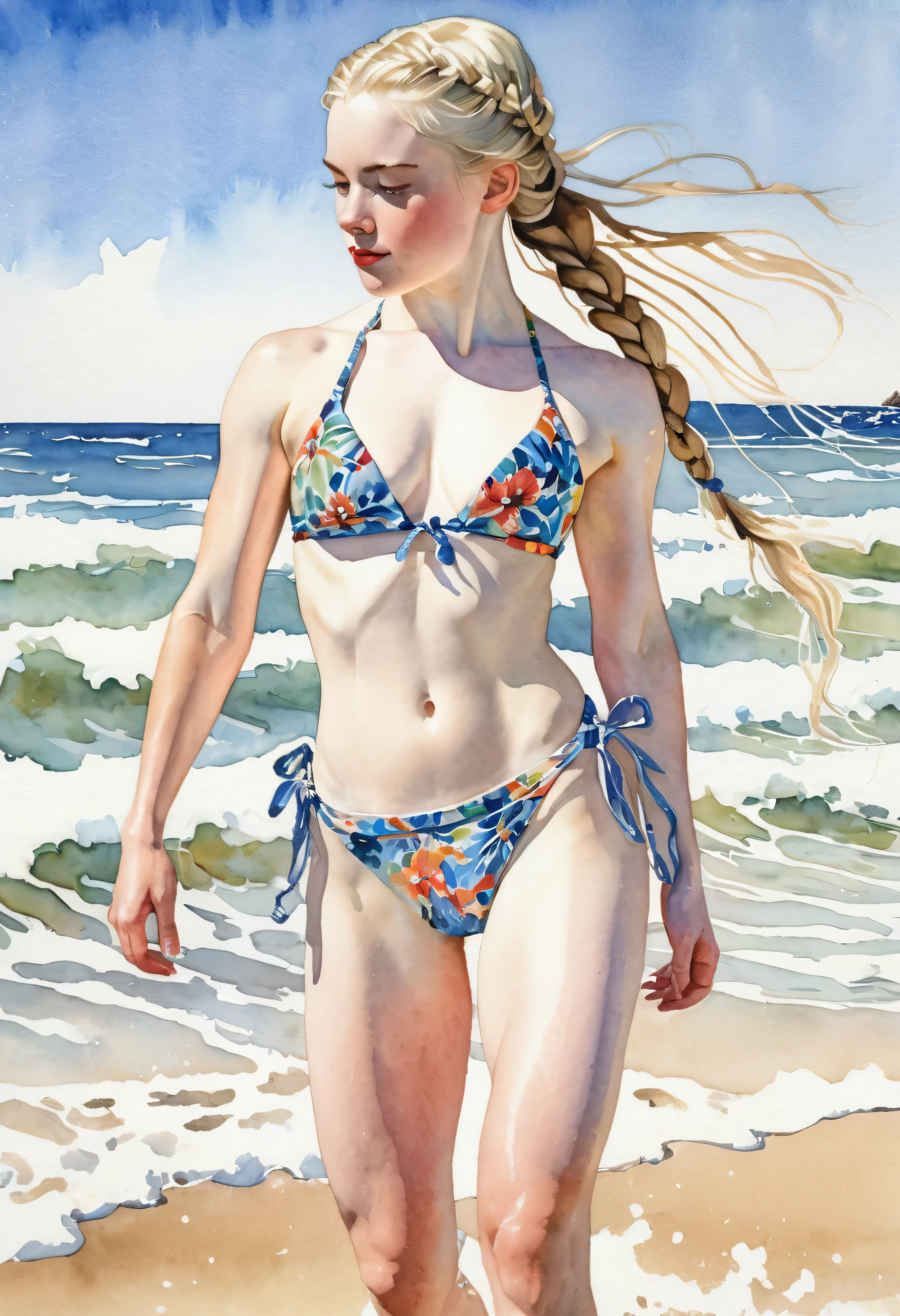 watercolor painting of a pale skin 1 girl, long braided hair falling over her shoulders, ((muscular body)) with defined muscles showing strength and elegance, wearing a bikini that highlights her physique, standing confidently on a sandy beach with gentle waves lapping at her feet, in the style of Norman Rockwell with vibrant colors and attention to detail