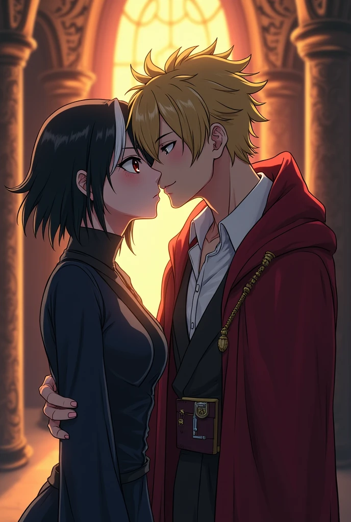  Anime animation A wizard in a kingdom who has black hair with a white streak, his slanted eyes, his androgynous body, his king intimidates him against the wall very flirtatiously giving him kisses and caresses that the wizard reacts with pleasure, the king is blond and handsome with luxurious clothing