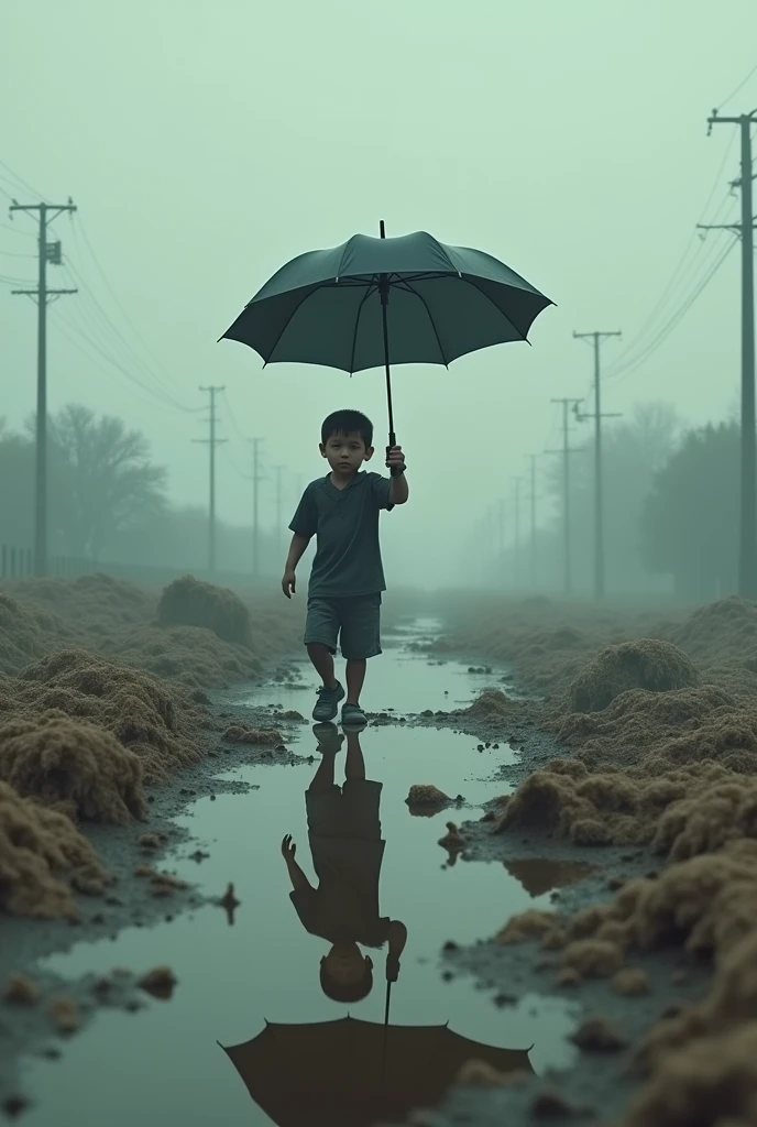 A boy in a world full of feces, with an umbrella in his hand. Realistic style like Gta 5, and a lake of human feces around