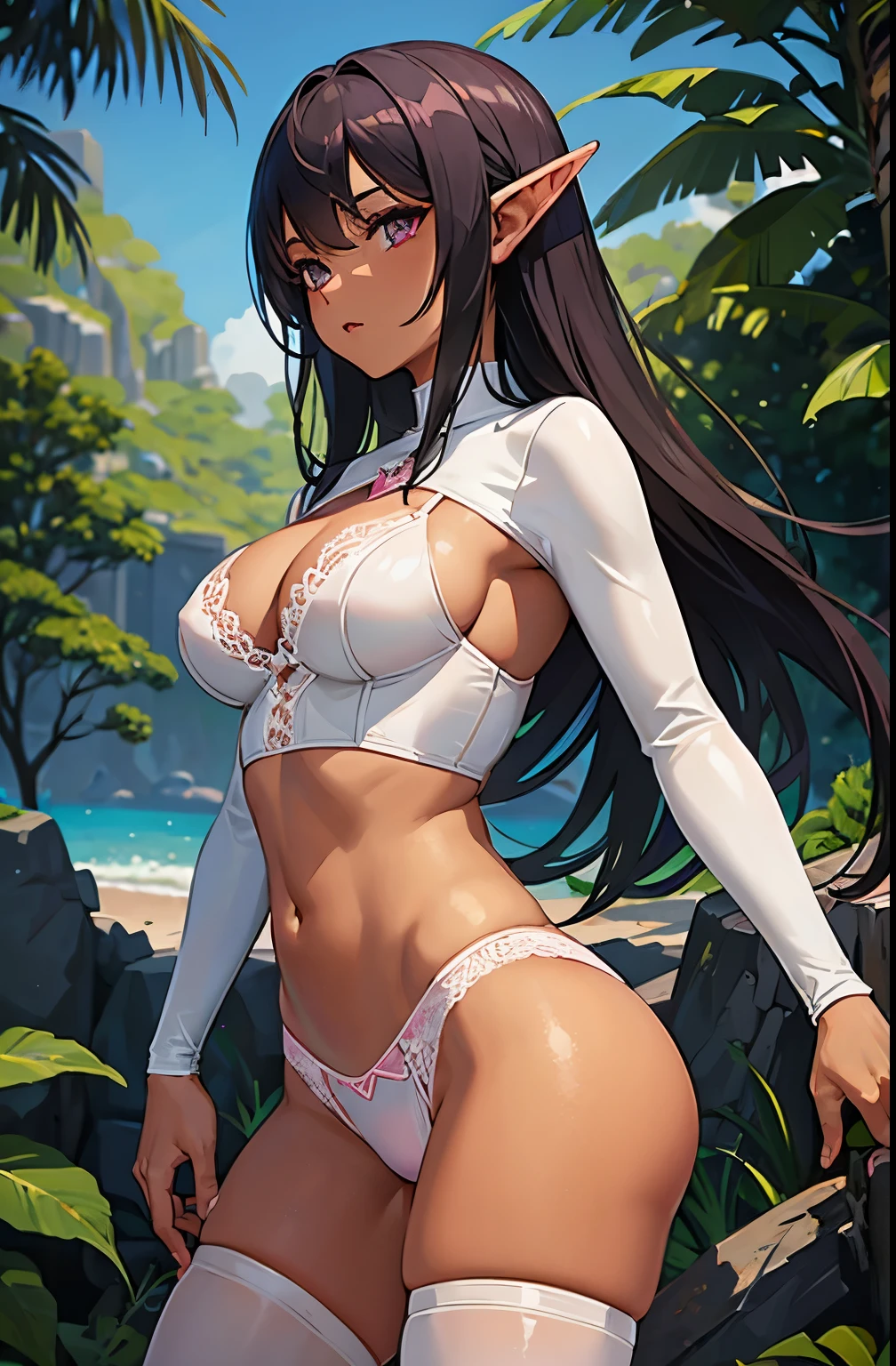 a dark elf in light pink lace panties. She is wearing a white leather top. He&#39;s wearing white leather leggings on his arms, She is wearing elf makeup standing in the forest, muscular female druid, lady huntress of the forest, female forest archer, attractive tiefling druid, 2D Anime Fantasy Art