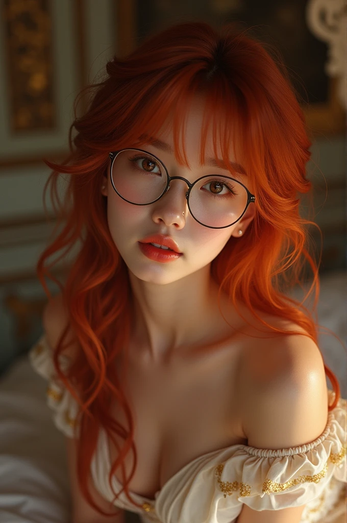 A beautiful young Asian princess erotically lies on a bed in 18th century France. several seductive and erotic scenes, with bright red hair, long hair down to the waist and straight with bangs, bright, light brown eyes, Wear prescription glasses, pretty and rosy face, almost albino skin, big rosy cheeks, fleshy, reddened lips, thin and short, nua e fazendo sex com um visconde, adult dinner, sex, Sexual content, porn