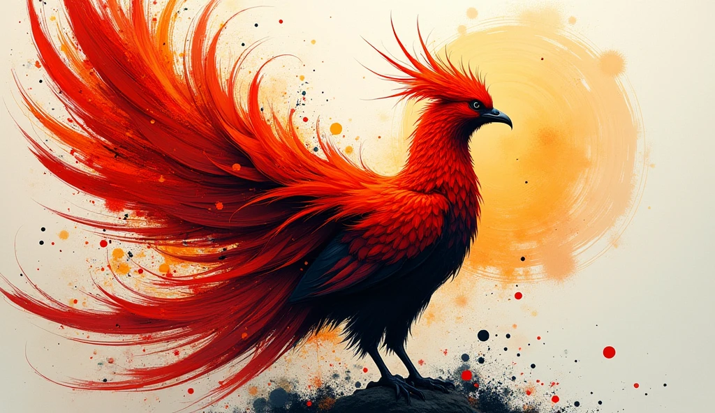 1 charming phoenix, detailed feathered, Abstract Expressionism, High contrast, Ink Art, Vibrant lines, Bold form, Superb technology, Rich texture, Striking colors, Expressive brushstrokes, Lively Action, Texture vector composition background, modern Art, Mixed Media, creative explanation