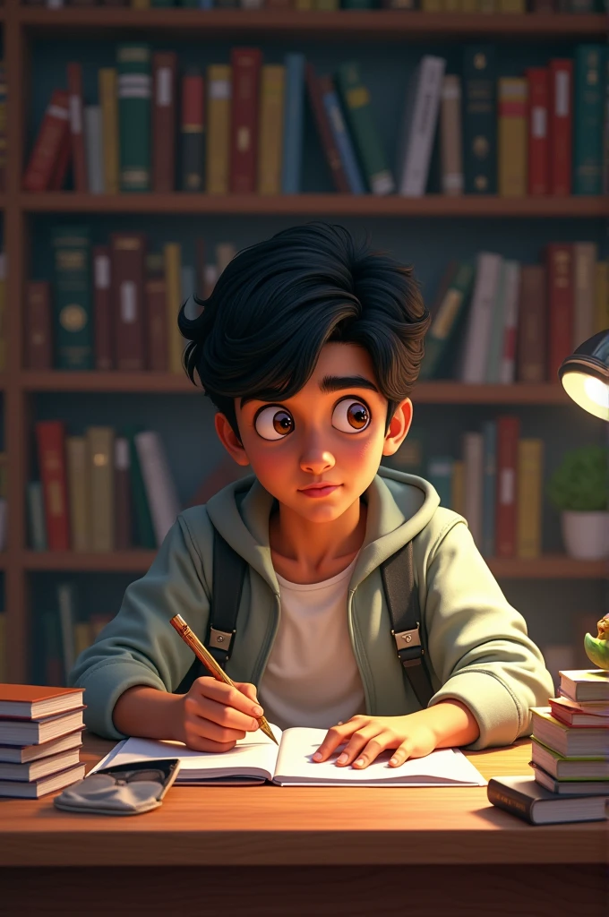 Certainly! Here's a professional prompt for a younger student named Faraz who is studying alone:
"Faraz, a dedicated young student, is diligently studying in his room. His focused demeanor and organized study space reflect his commitment to academic excellence. As he works through his materials, his concentration and discipline highlight his determination to achieve his educational goals."