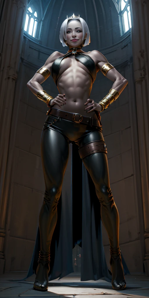 full body, whole body, solo, female, short white silver bob hair, big breast, yellow bikini, hands on hips, hands on waist, navel, lustful smirking smiling, smile red face, metal shoulders, gold sleeveless armbands, black leather choker collar, shackle bracelet, pauldrons, breastplate, leather corset, eye focus, loincloth standing, metal sandals, twin big belt, view from below, feet together, bracers, tiara