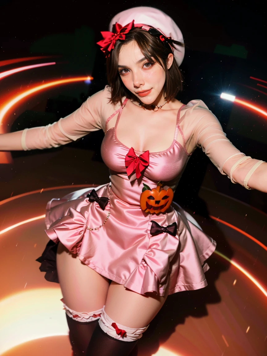 (1 lady), The beautiful, (Best quality at best:1.4), (ultra - detailed), (extremely detailed CG unified 16k), gold blonde hair, very detailed, High-definition RAW color photo, professional photoshooting, amazing face and eyes, cosmetics, (amazingly beautiful girl), ((lambdadelta, taller, tall woman, Bethcast)), ((dress, shoes bow, red shoes, striped stockings, red bow, pink hat, necklace, gloves, pearl, pumpkin brooch, pink dress)), levitating in a cute posture (floating in the air), (She's levitating in a cosmic sea, outer space:1.3, quantum hyperspace room lacking walls, hyperspace chamber, extremely detailed background, a lot of details background, realistic background), (look from above), realistic cinematic face, head to feet long wide zoomed out view, full body long view, photorealistic, ((realistic natural blonde hair style, red eyes)), gorgeous, extremely beautiful face, perfect model beauty, amazingly beautiful smile, her smile is emotive and full of joy, her teeth are visible, Highly Detailed Face and Skin Texture, Detailed Eyes, Double Eyelids, Big Breasts, Persistent Stare, Faith Trance, (mystical stare, looking eternity), (masterpiece), best quality, high resolution, depth of field, cinematic lighting, amazing legs, pink combat boots, clear and well-cared skin