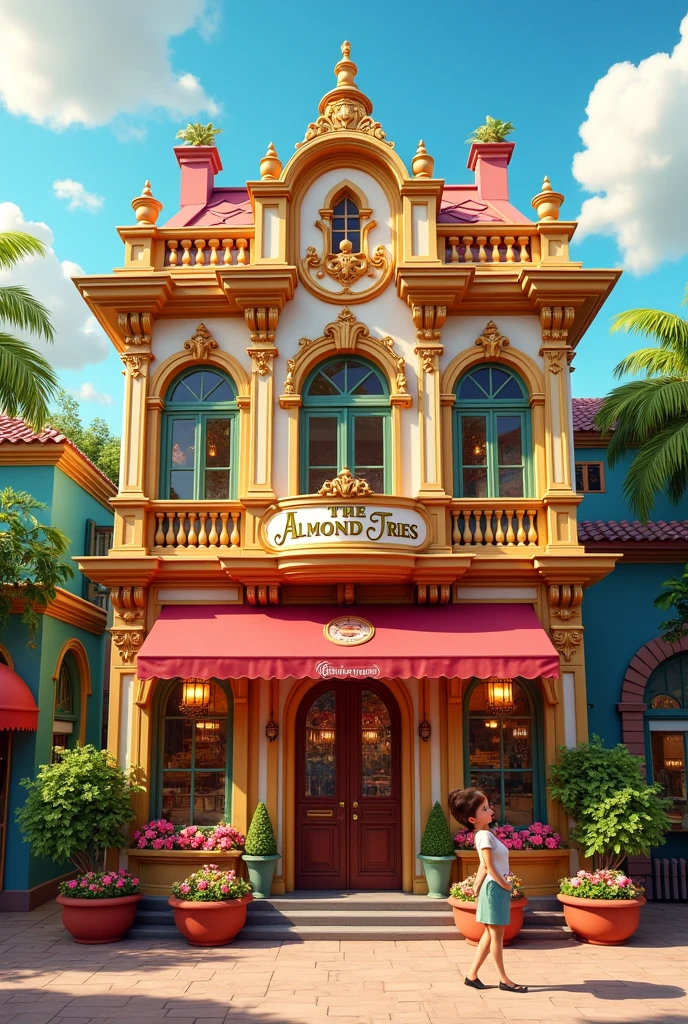 Disney style image of a cevicheria where seafood is served, called the almond trees , It has a synthetic pigsty and sells delicious food. , the fancy place ,advertising