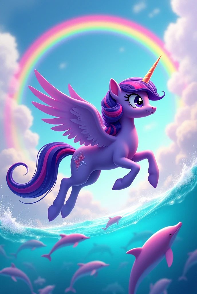 twilight sparkle flying over a crystal clear ocean with pink dolphins jumping and lots of rainbows hopecore style more realistic hyper realistic photos meme style symphony  