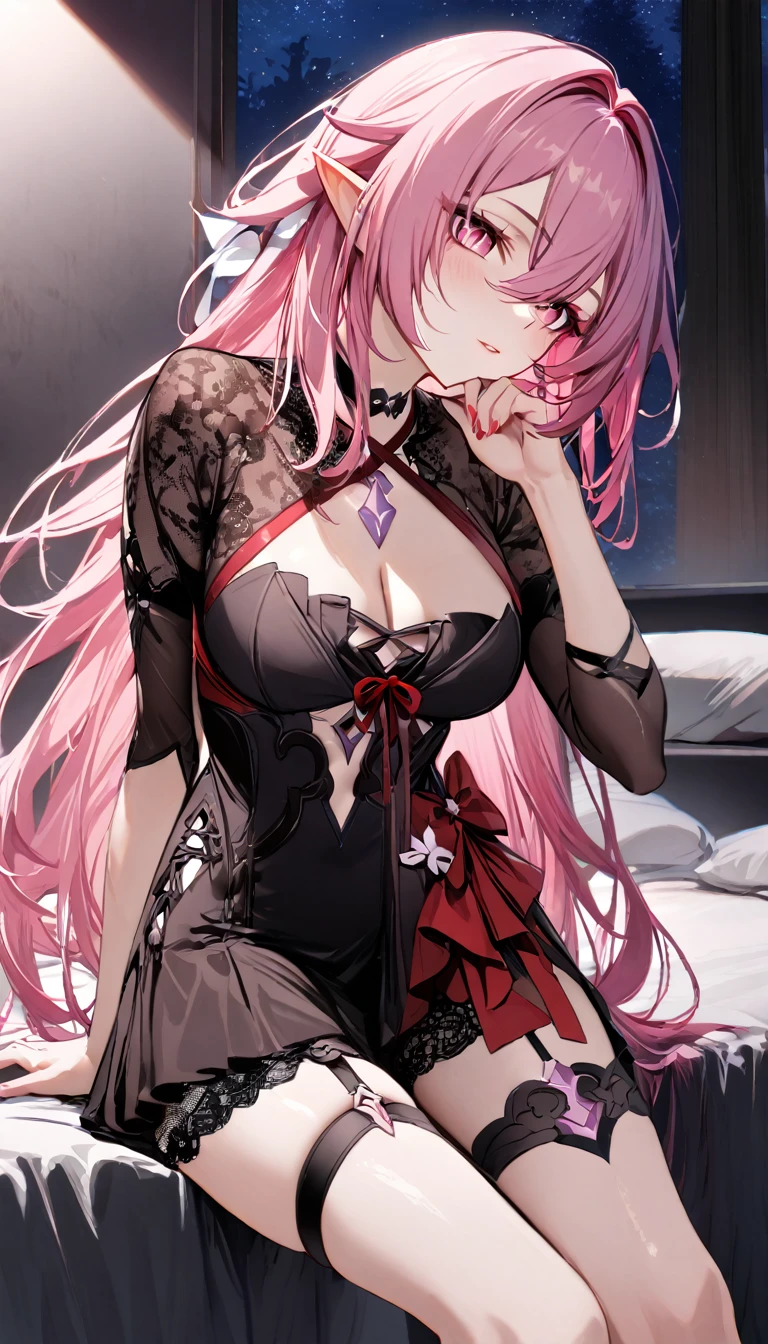 masterpiece, best quality, 1girl, solo, elysia \(herrscher of human:ego\) \(Honkai impact\), pointed ears, elf, pink hair, pink eyes, slit pupils, long hair, (long flowing pink hair:1.6), (red gothic ta dress:1.5), (black lace accents:1.6), (asymmetrical skirt:1.4), (criss-cross thigh straps:1.5), (ribbon bow:1.4), (black choker:1.5), upper body, sitting on a bed, night time, sexy pose, looking at view