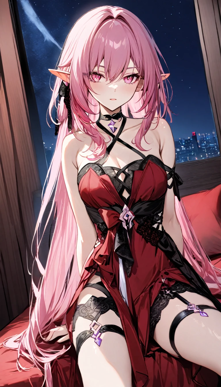 masterpiece, best quality, 1girl, solo, elysia \(herrscher of human:ego\) \(Honkai impact\), pointed ears, elf, pink hair, pink eyes, slit pupils, long hair, (long flowing pink hair:1.6), (red gothic ****ta dress:1.5), (black lace accents:1.6), (asymmetrical skirt:1.4), (criss-cross thigh straps:1.5), (ribbon bow:1.4), (black choker:1.5), upper body, sitting on a bed, night time, sexy pose, looking at view