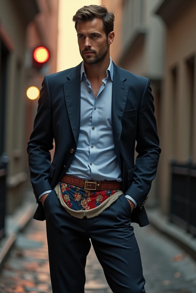 A handsome and arrogant FBI ripped his pants during a mission exposing his funny whimsical briefs his pants ripped to the back in 