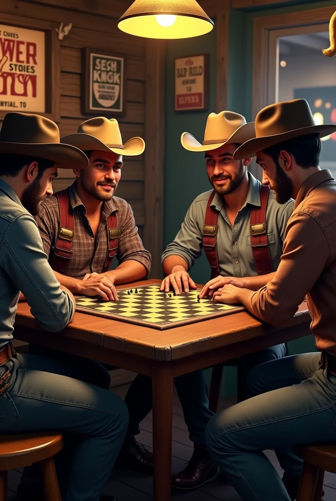 4 handsome man with checkers games in a cowboy bar
