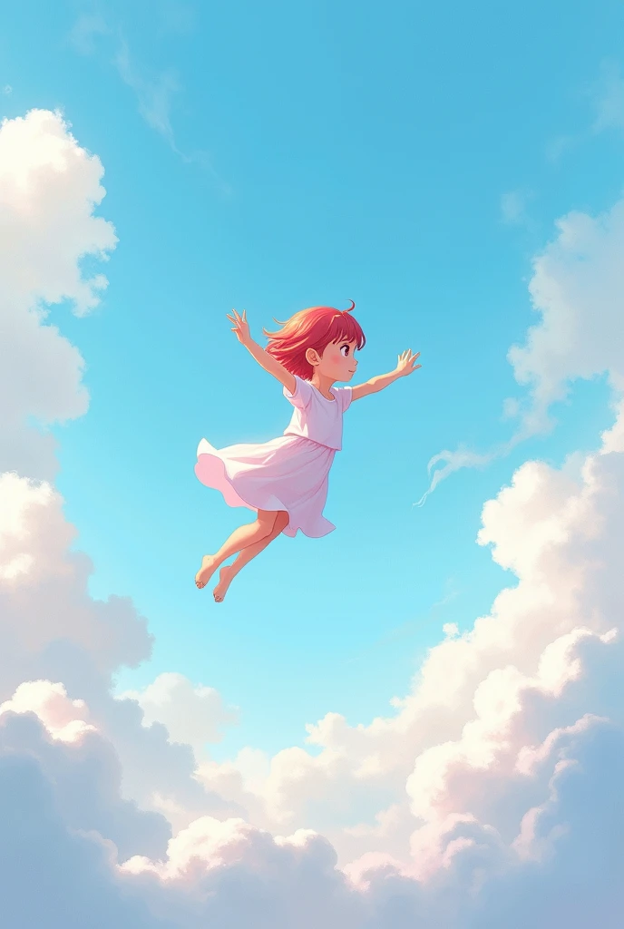 paining of a sky, with flying anime short red haired flying . 1:1 size