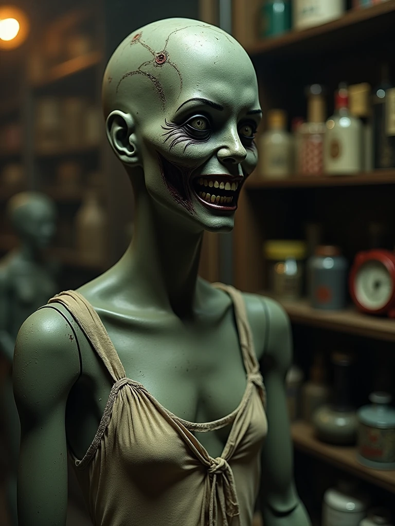 A photo of a horror mannequin in a close-up shot. The mannequin has a twisted face and is wearing a tattered outfit. The background is a retail store set in the 1950's, with wooden shelves and vintage items. The lighting is dim.