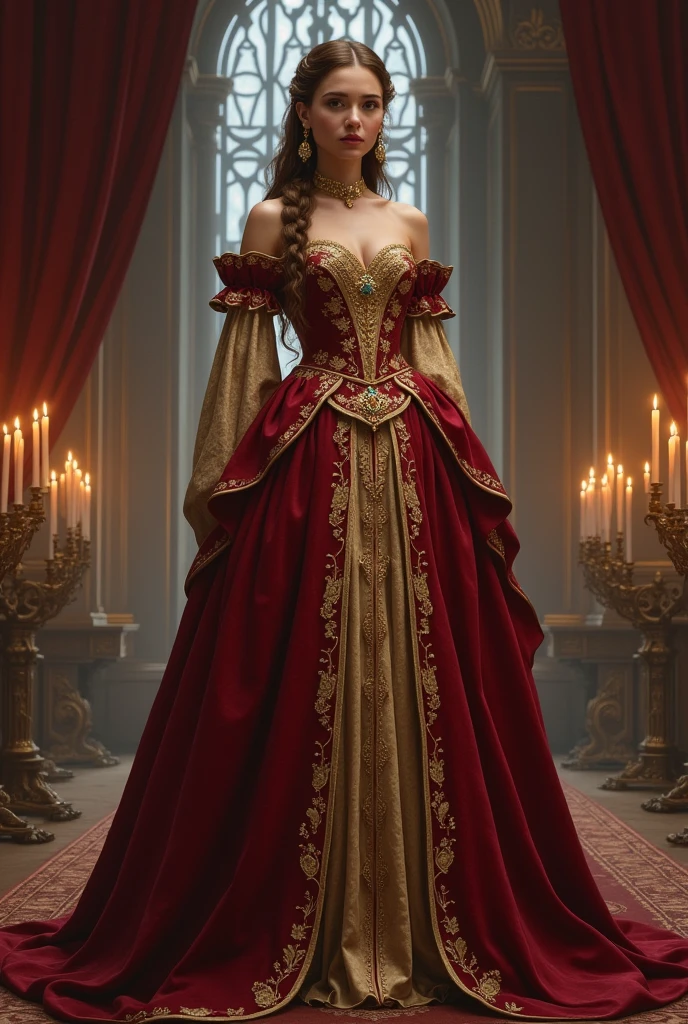 A visual depiction of Lady Seraphina d’Aurelis in her luxurious court gown, set in a dark fantasy Renaissance Era theme. Lady Seraphina is shown in a grand, ornate gown that reflects her status as the daughter of the city's ruler. The gown is rich in detail, made of deep crimson and gold fabric, with intricate embroidery and jewels adorning the bodice and sleeves. Her chestnut brown hair is styled in elegant braids, adorned with delicate jewels. Lady Seraphina stands with grace and poise, embodying nobility and strength. The background suggests a grand hall within the palace, with tall windows, heavy drapes, and flickering candlelight. The depiction is in a realistic, high-detail oil painting style, capturing the elegance and regal presence of Lady Seraphina in her finest attire.