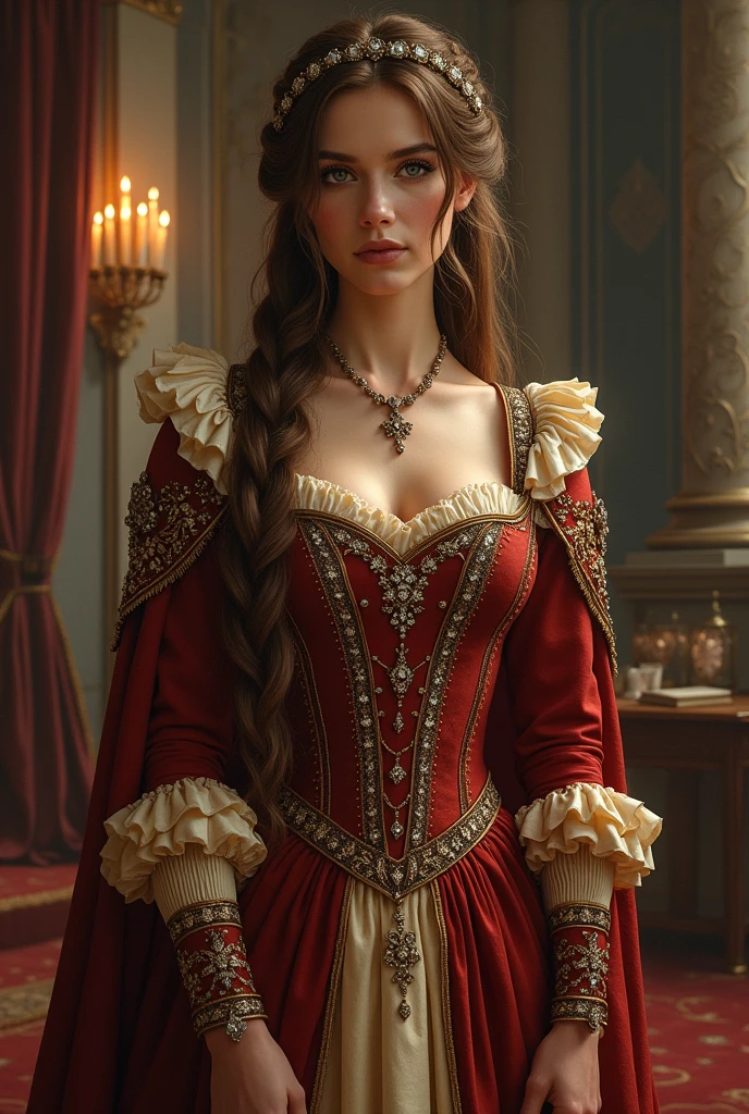 A visual depiction of Lady Seraphina d’Aurelis in her luxurious court gown, set in a dark fantasy Renaissance Era theme. Lady Seraphina is shown in a grand, ornate gown that reflects her status as the daughter of the city's ruler. The gown is rich in detail, made of deep crimson and gold fabric, with intricate embroidery and jewels adorning the bodice and sleeves. Her chestnut brown hair is styled in elegant braids, adorned with delicate jewels. Lady Seraphina stands with grace and poise, embodying nobility and strength. The background suggests a grand hall within the palace, with tall windows, heavy drapes, and flickering candlelight. The depiction is in a realistic, high-detail oil painting style, capturing the elegance and regal presence of Lady Seraphina in her finest attire.