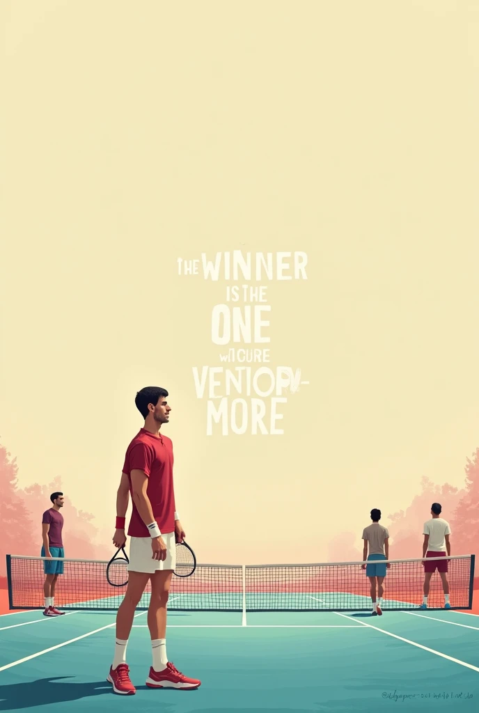 Minimalist and realistic square-sized image of Novak Djokovic with Jannik Sinner, Rafael Nadal, Carlos Alcaraz, and Andrey Rublev playing a match. In the background a tennis court, with soft and pretty colors, with the English phrase of Novak Djokovic: “The winner is the one who believes in victory more”. It is important that Novak and the phrase are the protagonists of the image.