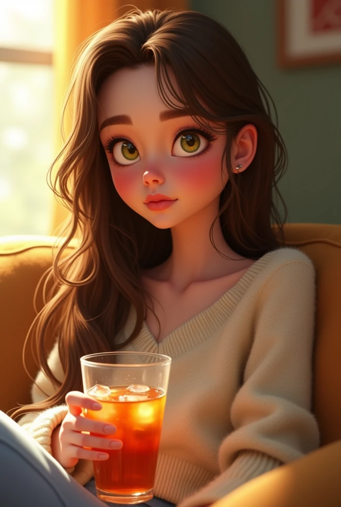 A woman in her early 30s, wearing a comfortable sweater and jeans, is sitting on a couch with a glass of iced tea. The character has long, straight, messy, browns hair, bright yellow eyes, snow-white skin, a perfect and delicate face, she is very beautiful and is 2, make the image in the Pixar style Disney, in 9:16 format.
