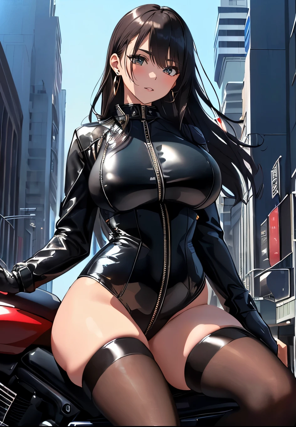 (best quality,4K,8k,High resolution,masterpiece:1.2),Super detailed,(actual,lifelike,lifelike:1.37),human development report,Ultra high quality,Studio lighting,Ultrafine coating,sharp focus,Physically based rendering,extremely detailed description,professional,,Fear,anime big breasts,Science fiction,photography,concept artist, araffe in a leather outfit posing on a motorcycle in the city, dressed in biker leather, dressed in black leather, wearing a full leather outfit, leather, leather body suit, motorcycle, in a leather corset, dressed in short leather jacket, dressed in leather jacket, Oppei Cyberpunk, black leather, she wears leather jacket, Sexy outfit, very Sexy outfit, Tick, earrings, large breasts, biggest breast, huge breast, Thin waist and thick hips, wide pelvis, Pelvis larger than shoulder blades, Hourglass figure, Fitness Model, rosy cheeks