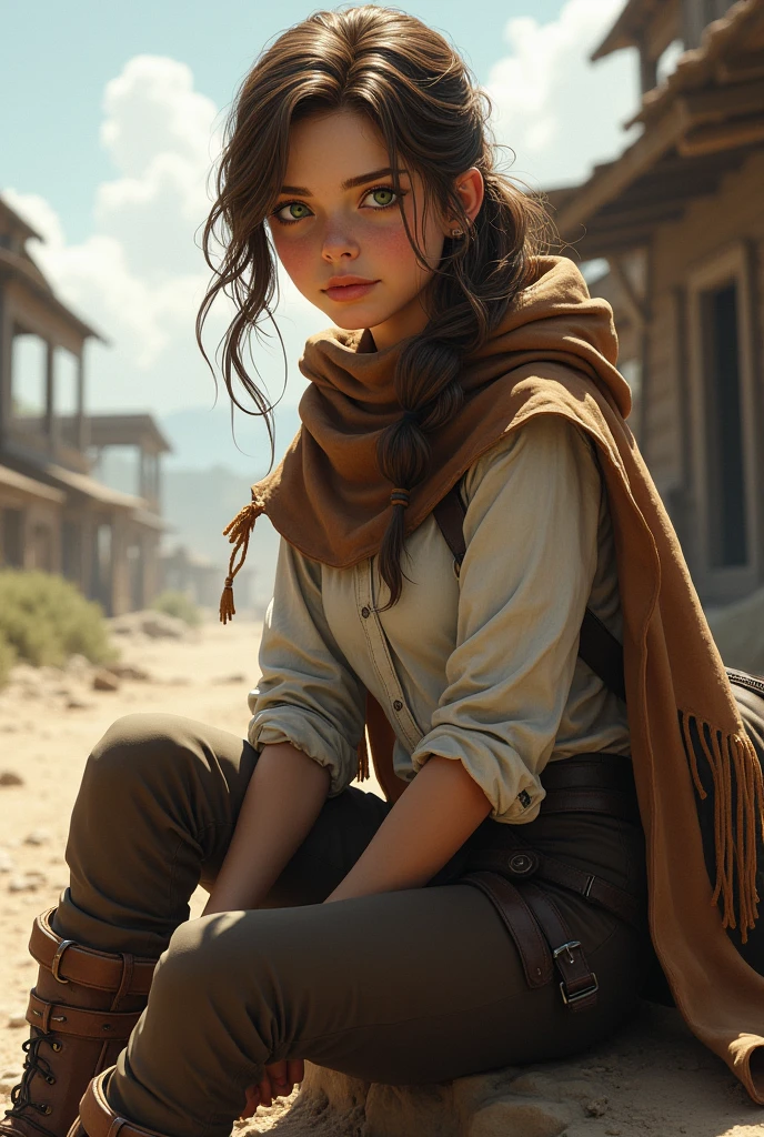 I would like a  girl with brown hair in a ponytail, leaving strands in the front, and green eyes. She wears a poncho on her back like a cape, a white shirt, brown pants, and boots. She carries a bag with her. I would like her to have a mature style, and the art should be in a fantasy RPG style set in the Old West. I would like her to be sitting. she is like ellie from the last of us