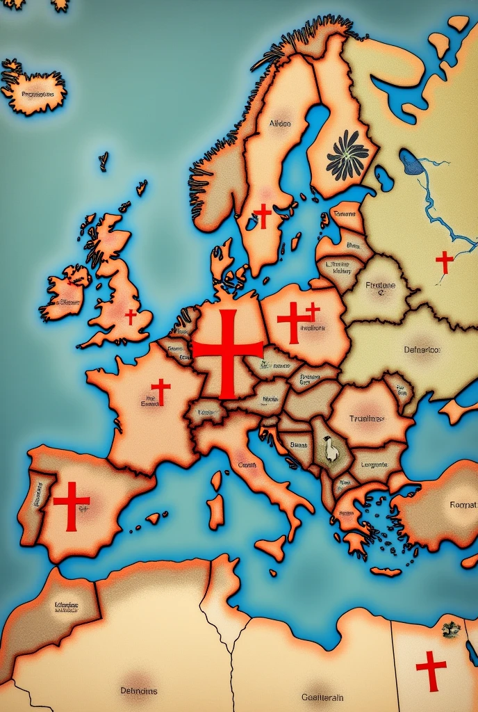 A current map with territories in red demarcated with Templar crosses  