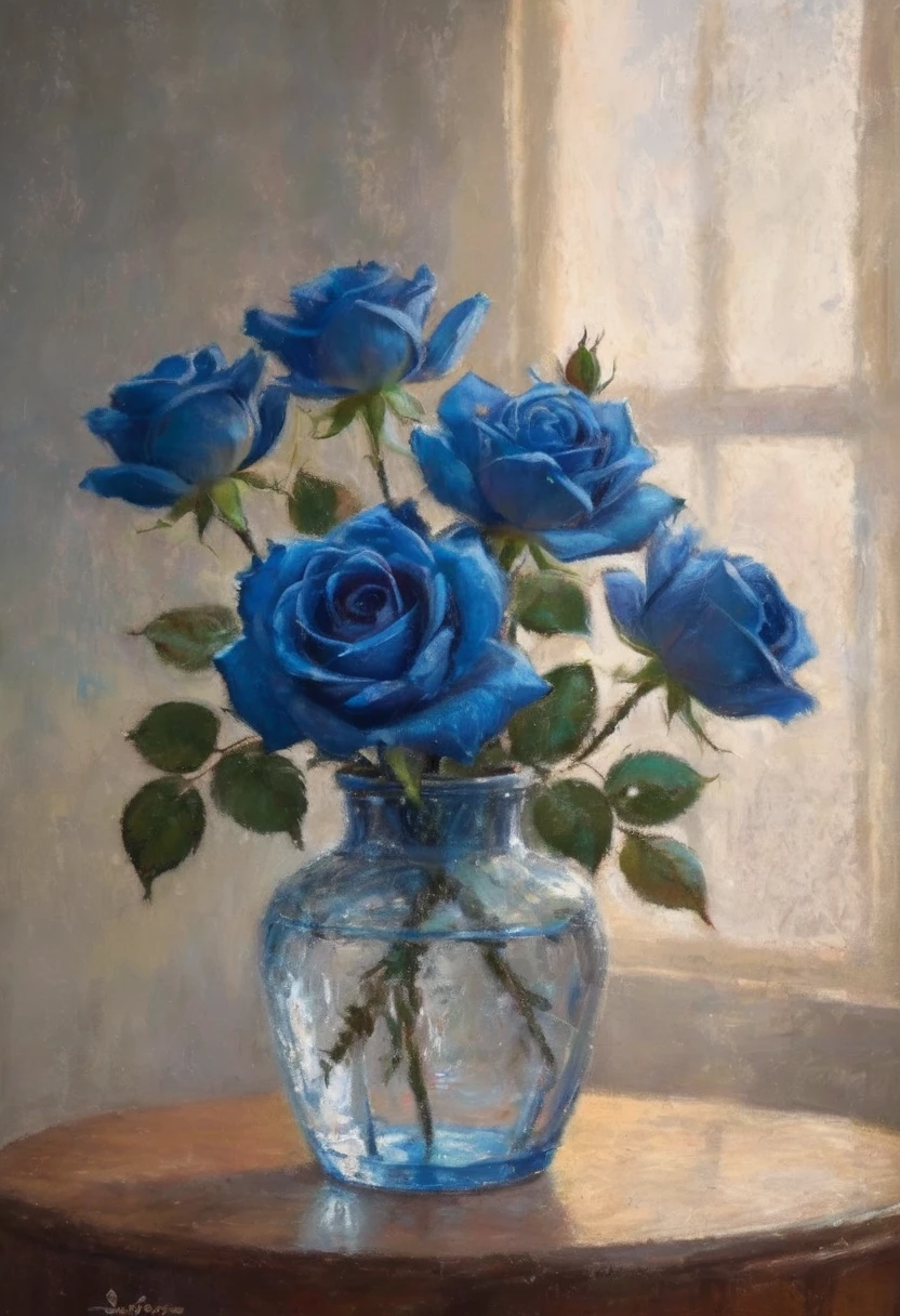 [best quality,ultra-detailed],(expensive,exquisite:1.1),(realistic,photorealistic:1.37),beautiful detailed blue rose,cut crystal vase,soft lighting,gentle shadows,vibrant colors,delicate petals,fine details,subtle reflections,high contrast,shimmering glass,crisp edges,artistic composition,studio lighting,gorgeous centerpiece,romantic atmosphere