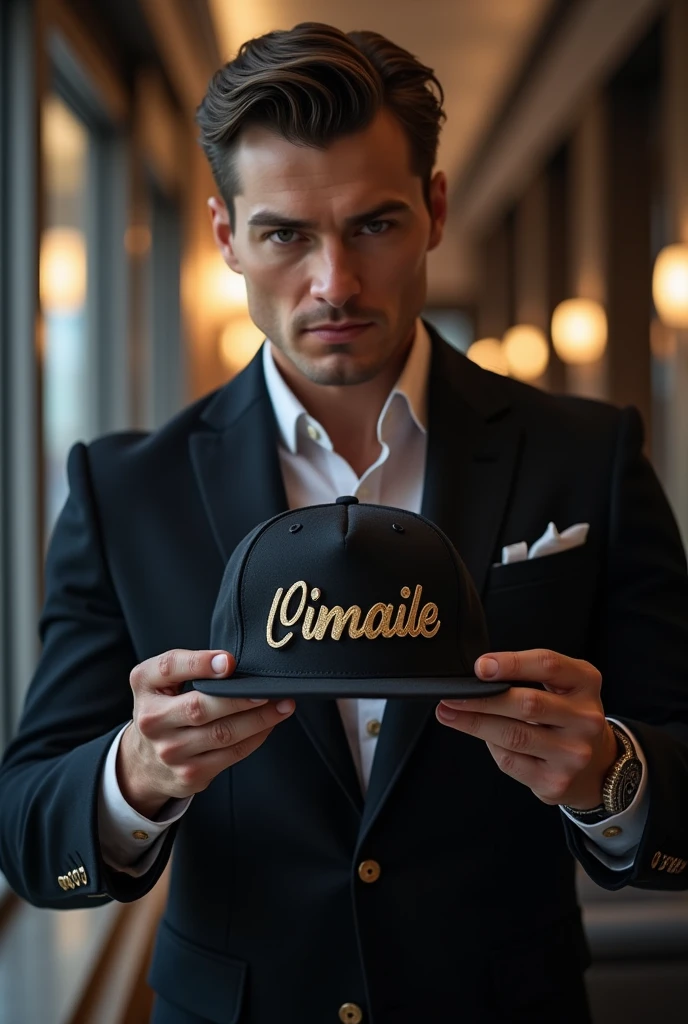 A man with a hat with a sexy name on his hands
