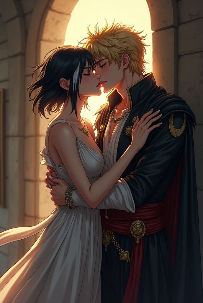 Animation anime A wizard is a man in a kingdom who has black hair with a white streak, his slanted eyes, his androgynous body, his king intimidates him against the wall very flirtatiously giving him kisses and caresses that the wizard reacts with pleasure, the king is blond and handsome with luxurious clothing