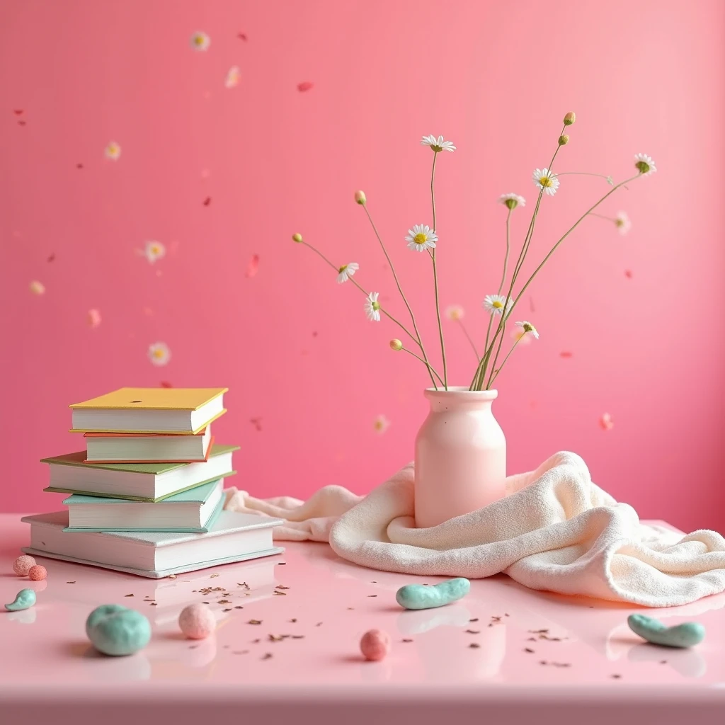 Close up of a table with waste water on it, cloth and books, pink wall background, cute elements, hyperrealistic idea