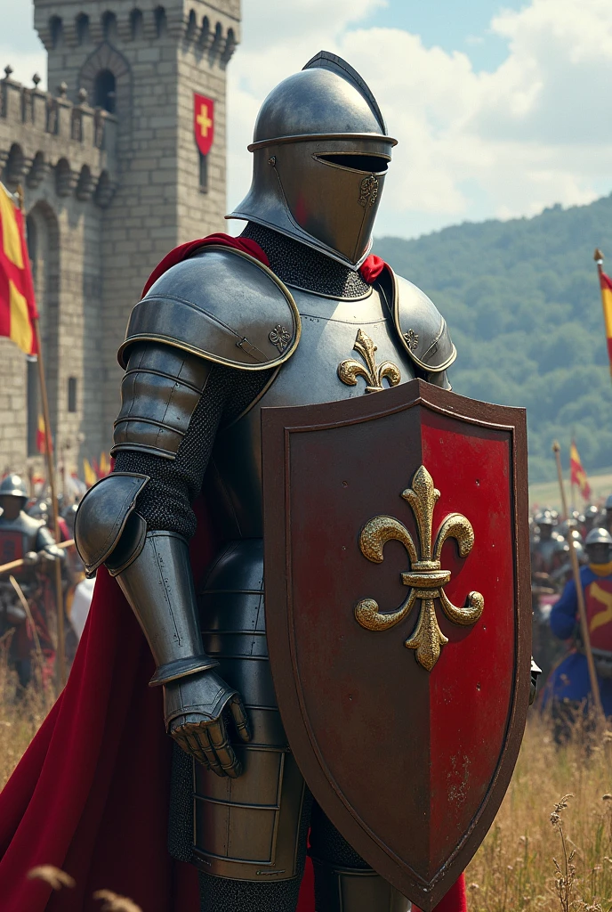 A French knight in full armor, holding a shield with the symbol of France, in a medieval castle on a battlefield,