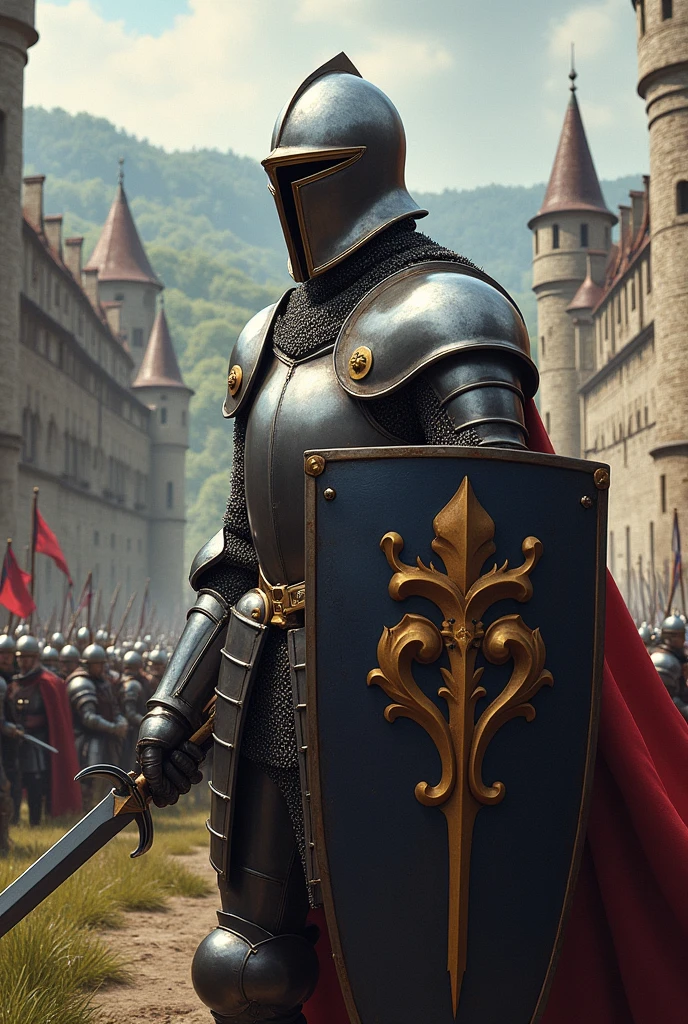 A French knight in full armor, holding a shield with the symbol of France, in a medieval castle on a battlefield,