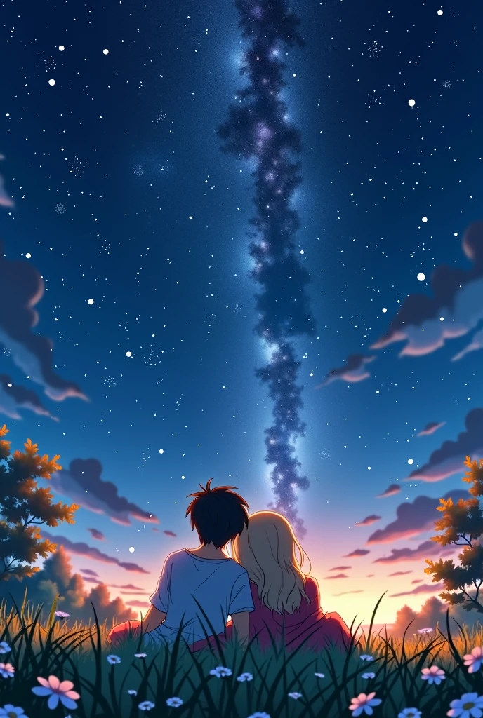 Make me a book poster of two anime couple lying in a grass watching the stars and constellation in a sweet romantic place at night