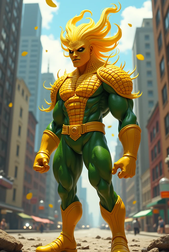 Create me an image of a corn superhero like Superman but give him a corn face and hair