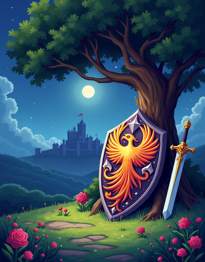 16bit pixel style, close-up of big ornate legendary shield with a fiery phoenix image on it. The shield image also has roses. The shield rests below an oak tree on the grassy ground dotted with beautiful flowers, a long crystal sword rests on the ground the nearby. Marble citadel with heavy fortifications upon the hill in the distance. Moonlit starry night.