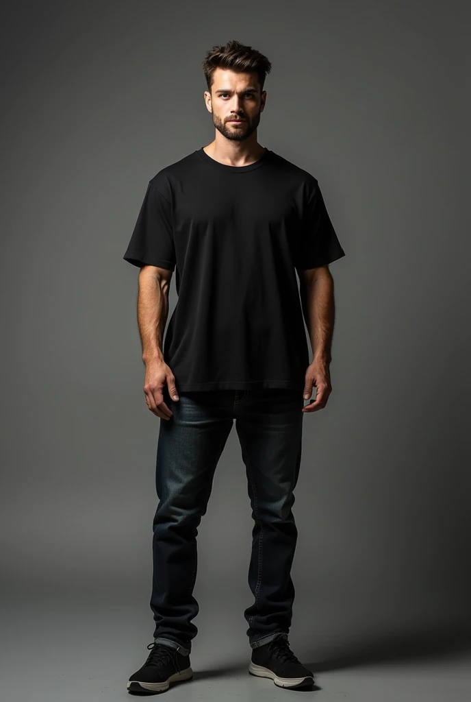 generate a handsome man standing straight facing in front wearing black oversized round neck half sleeves t-shirt and denim pants against greyish background with some studio light
