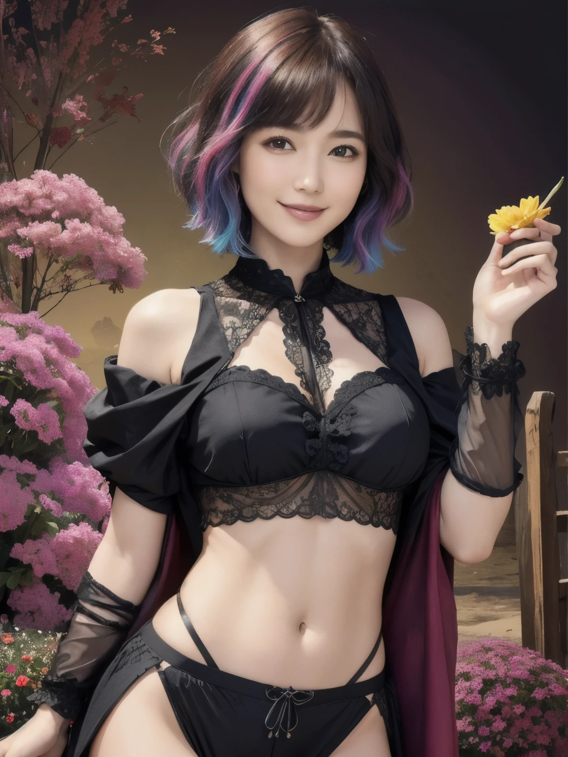 276 (20-year-old woman and man,short hair), Are standing, (beautiful:1.1), (Fractal Art:1.2), (Advanced backgrounds), (Many colors:1.4), (Old-fashioned smile), Abdominal muscles, flower