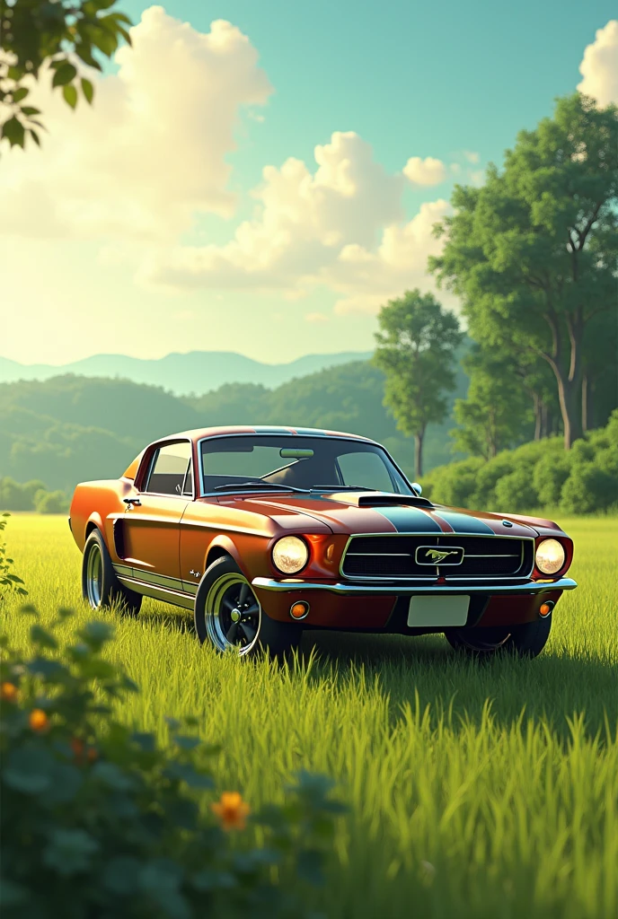 The car luxury standing in the field on the car sunlight mastang in amine