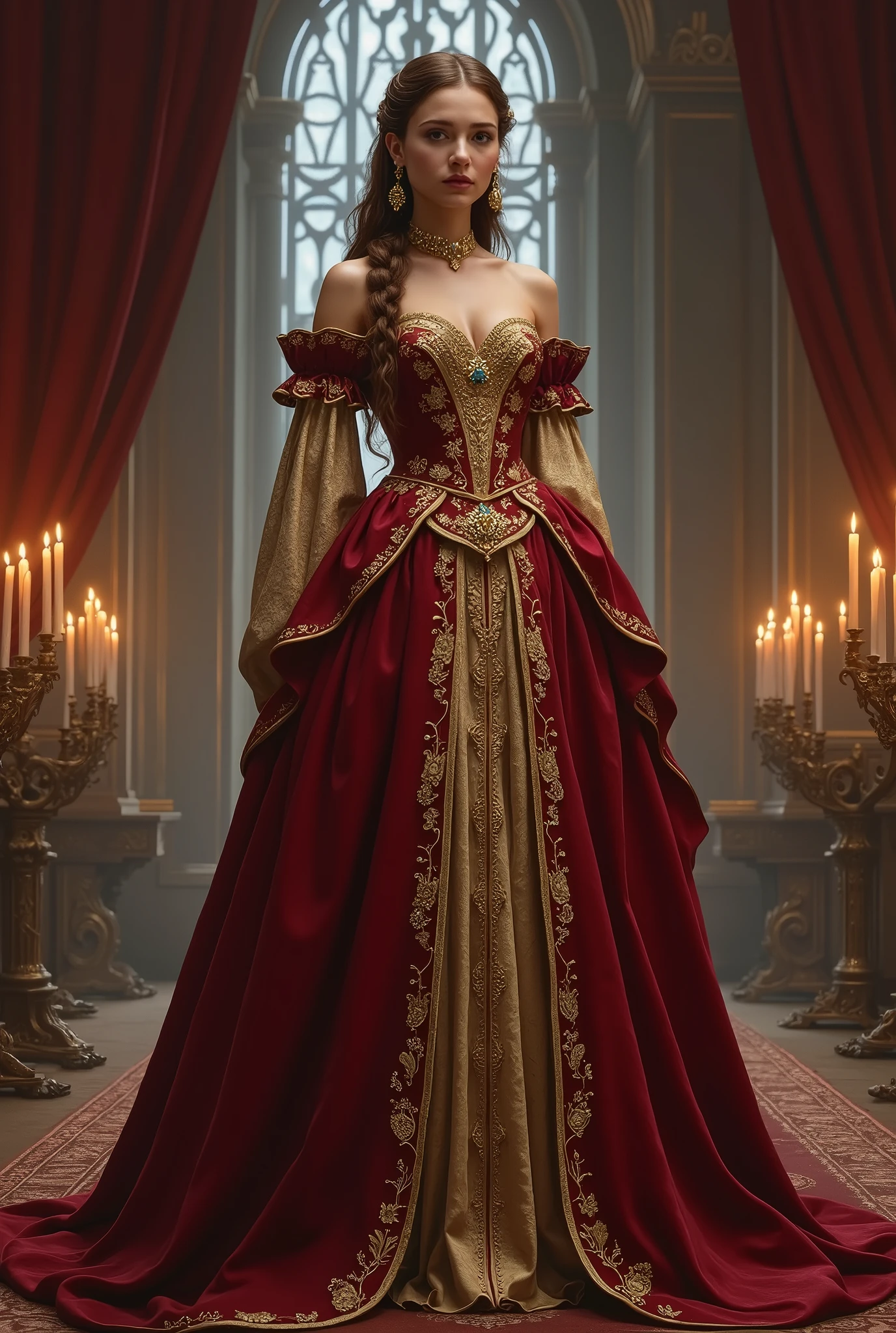 A visual depiction of Lady Seraphina d’Aurelis in her luxurious court gown, set in a dark fantasy Renaissance Era theme. Lady Seraphina is shown in a grand, ornate gown that reflects her status as the daughter of the city's ruler. The gown is rich in detail, made of deep crimson and gold fabric, with intricate embroidery and jewels adorning the bodice and sleeves. Her chestnut brown hair is styled in elegant braids, adorned with delicate jewels. Lady Seraphina stands with grace and poise, embodying nobility and strength. The background suggests a grand hall within the palace, with tall windows, heavy drapes, and flickering candlelight. The depiction is in a realistic, high-detail oil painting style, capturing the elegance and regal presence of Lady Seraphina in her finest attire.