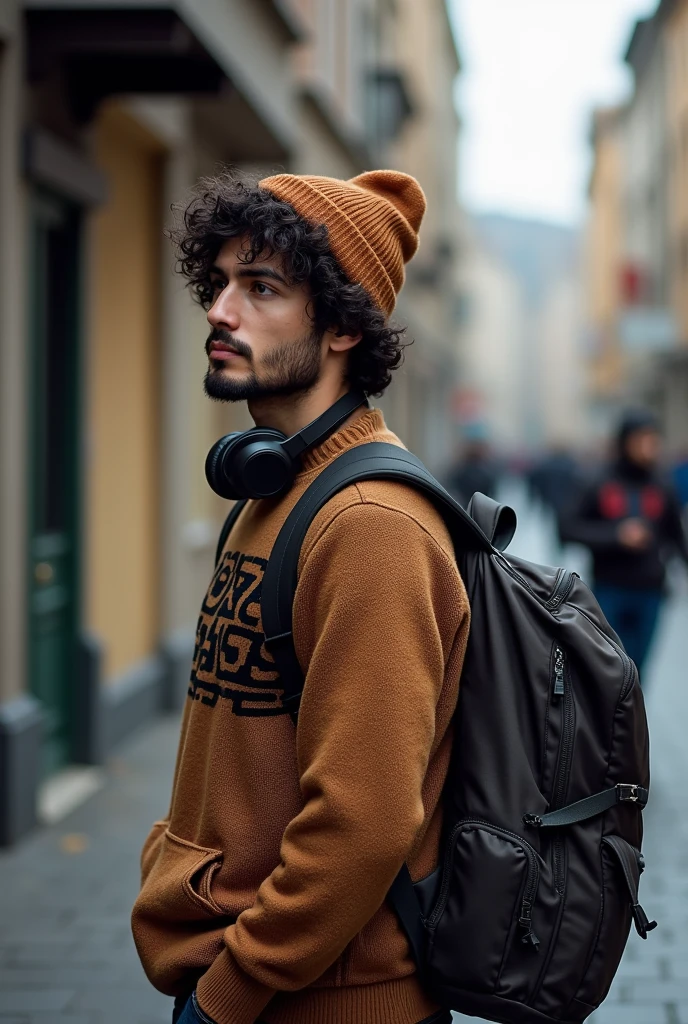 30 year old Asian man, curly hair, slight beard, wearing a brown beanie, headphones around his neck, wearing a brown sweater with a black pattern, view from the side 3/4, bring camera, carrying a backpacker bag, sneaker shoes