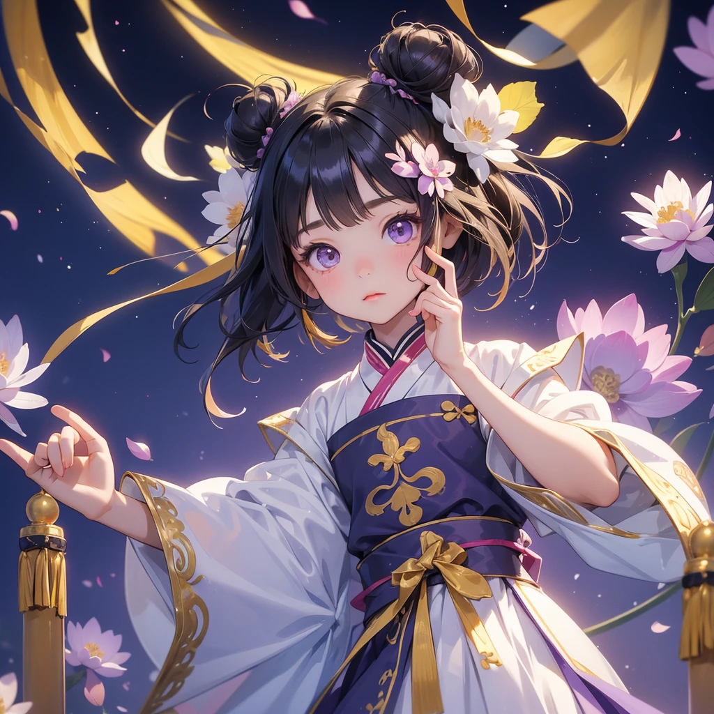 A chibi  girl had a small face and Wearing white little Taoist priest's outfit, A pair of big round eyes shone with curiosity about him, This childso cute, her hair is black with two buns on her hair, Purple lotus flowers surround.




