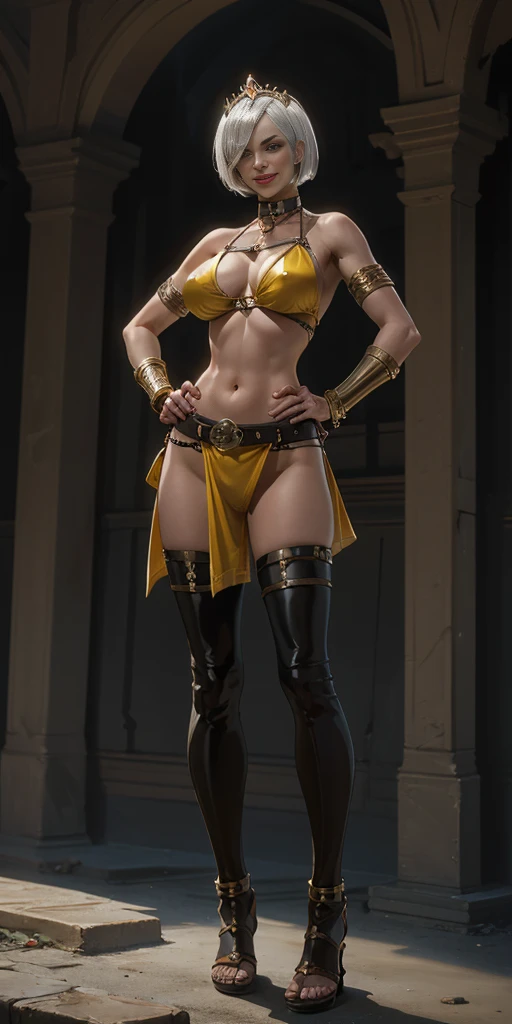 full body, whole body, solo, female, short white silver bob hair, big breast, yellow bikini, hands on hips, hands on waist, navel, lustful smirking smiling, smile red face, metal shoulders, gold sleeveless armbands, black leather choker collar, shackle bracelet, pauldrons, breastplate, leather corset, eye focus, loincloth standing, metal sandals, twin big belt, view from below, feet together, bracers, tiara