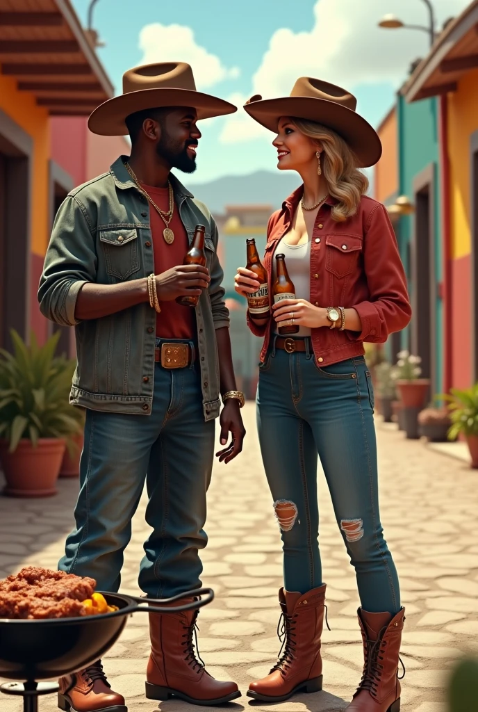 Kanye West grilled beef with Taylor Swift, They both hold a Tecate beer, They both dress like ranchers, in some neighborhood of Monterrey, mexico